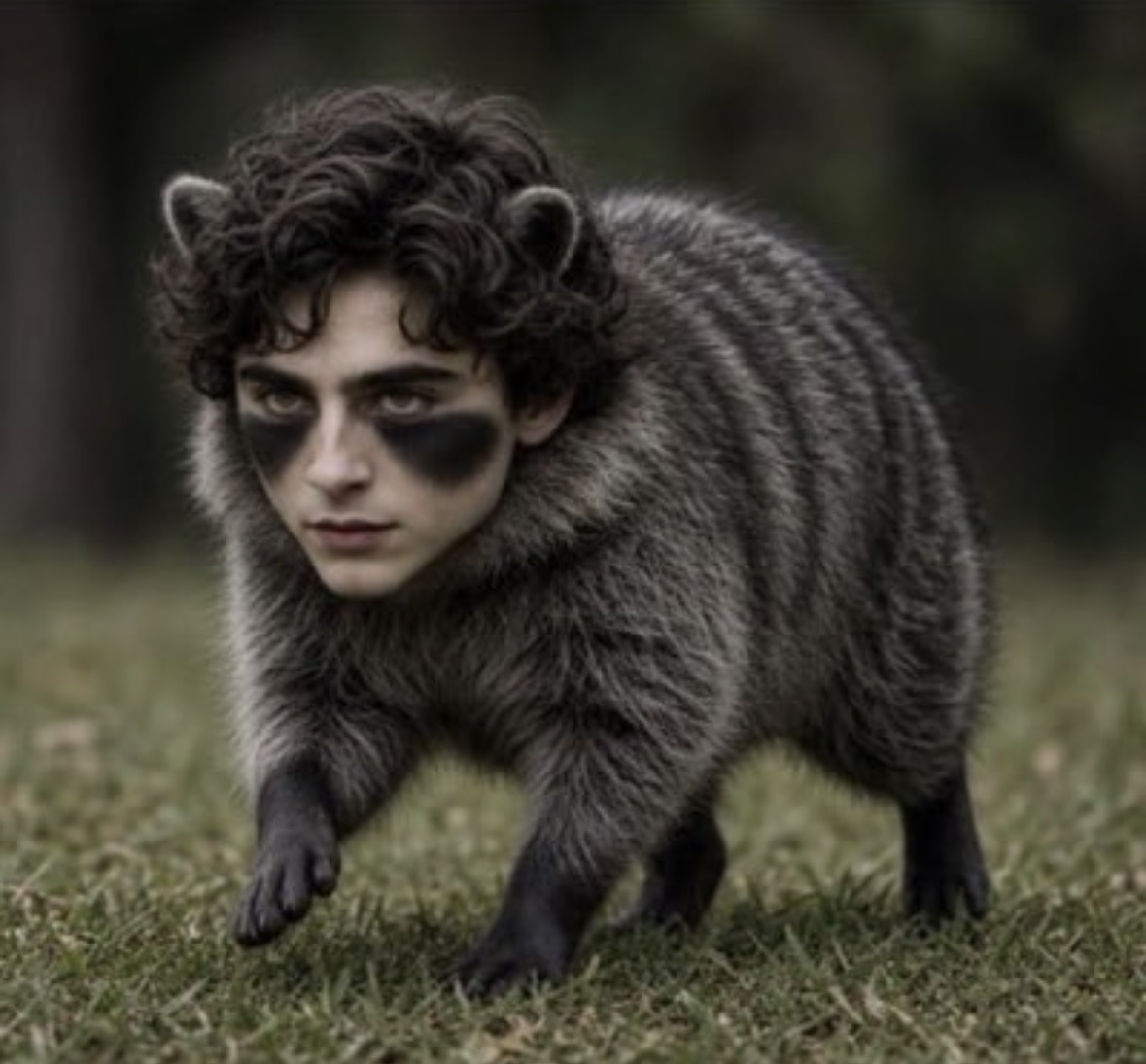 Jimothee Chalamet: an AI raccoon with the face of a curly-haired actor, crouching on grass